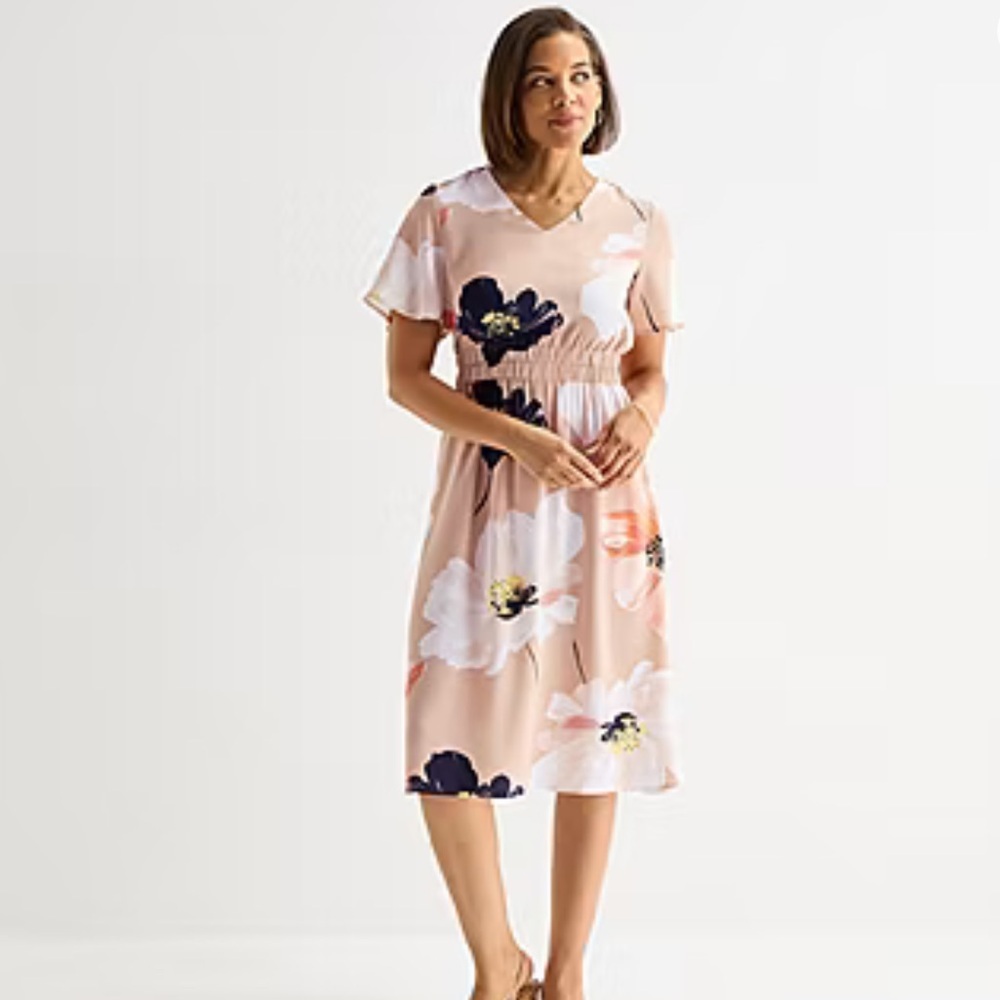 Liz Claiborne Floral V-Neck Beige Midi Dress with Elastic Waist Sz Large Petite